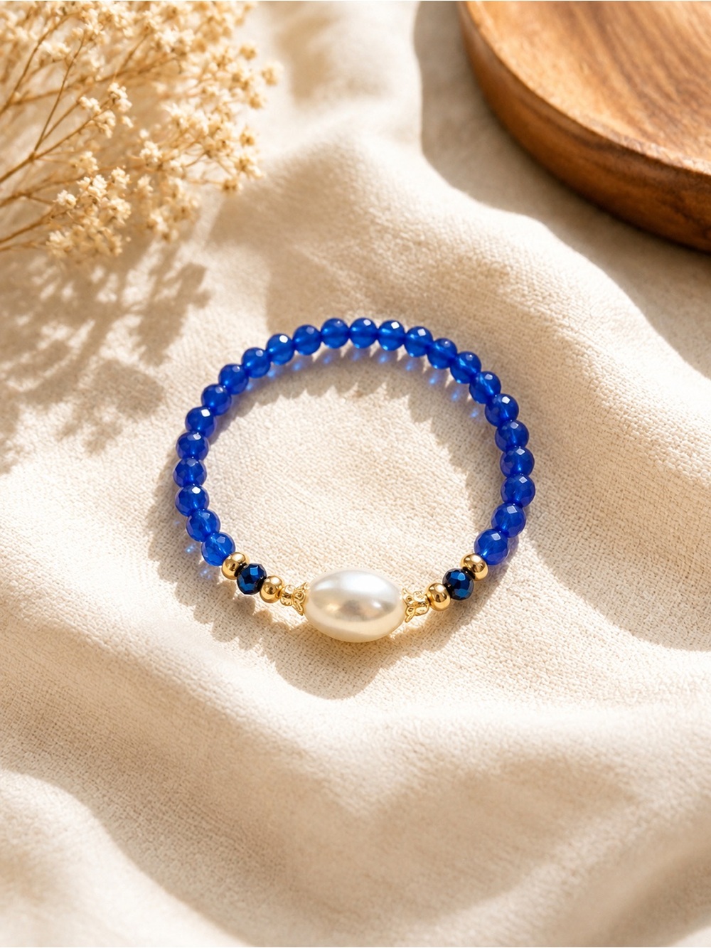 Pearl Accent Blue Beaded Stretch Bracelet